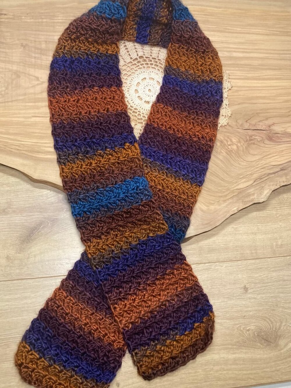 Handmade Crochet Scarf Jewel Tone Purple Rust Blue Soft Winter Knit Wrap